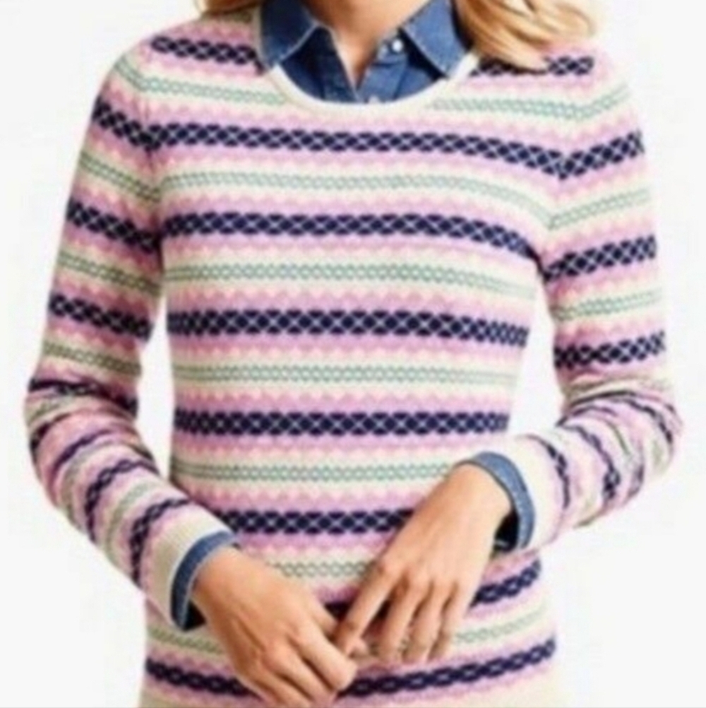Talbots Petite | Women's Pink Fair Isle Back Zipper Cardigan Sweater (Size P)